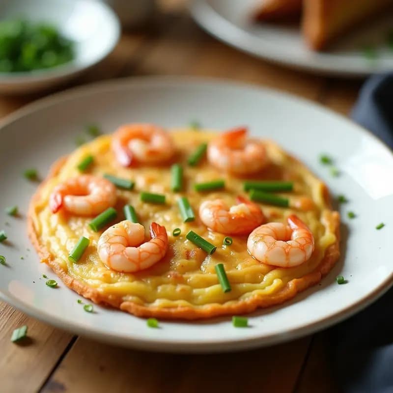Tortilla dorada y esponjosa con camarones rosados y cebollino verde fresco, servida en plato blanco rústico con fondo de madera clara. Desayuno español gourmet y bajo en calorías.