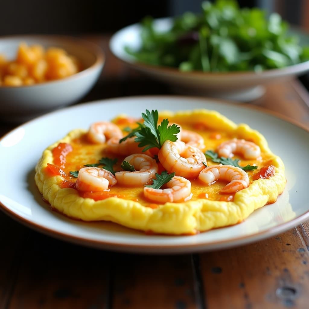 Tortilla dorada y esponjosa con trozos de camarones rosados y chorizo de calabaza naranja, decorada con perejil fresco, servida en un plato blanco sobre fondo rústico de madera. Receta de tortilla de camarones y chorizo de calabaza en Thermomix alta en proteína.