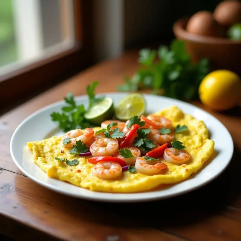 Tortilla dorada y esponjosa de camarones con cilantro y limón, servida en un plato blanco con rodajas de limón verde y hojas de cilantro fresco al lado. Desayuno colombiano alto en proteína.