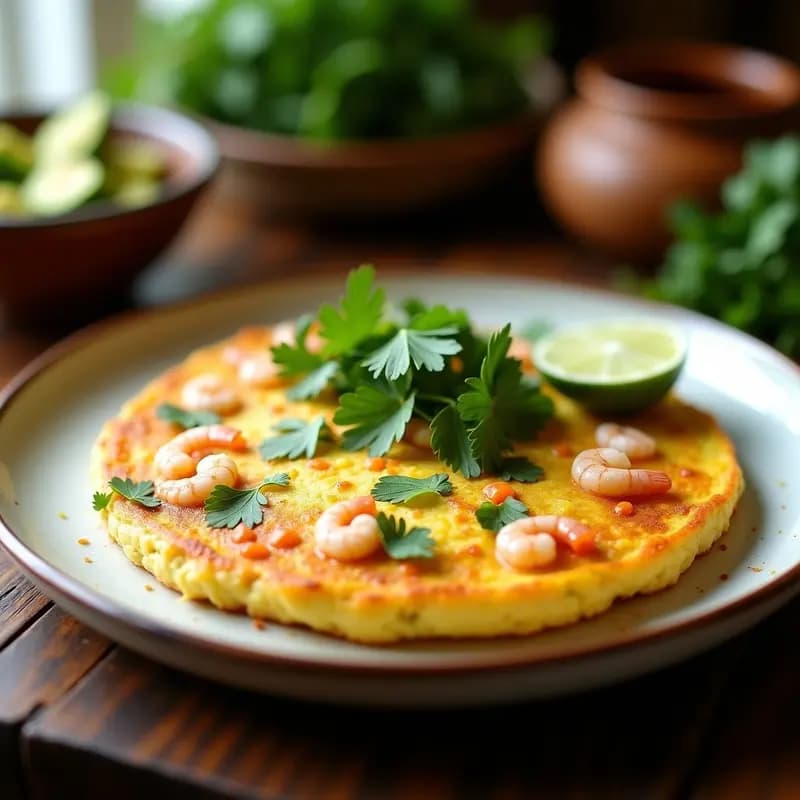 Tortilla dorada y esponjosa de camarones y cilantro servida en plato de barro, con camarones visibles y hojas de cilantro fresco como decoración. Desayuno mexicano proteico y sin harina.