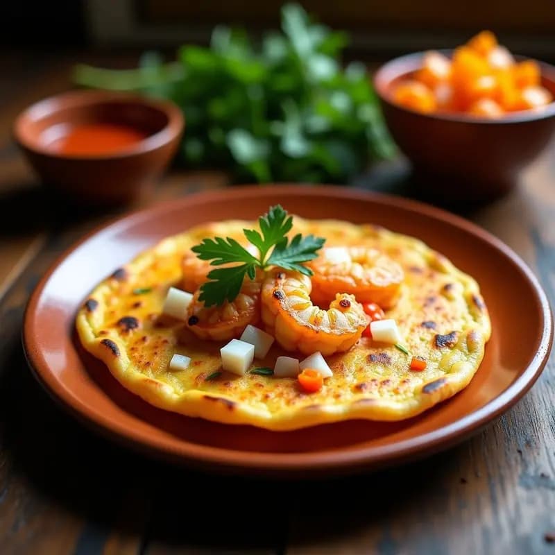 Tortilla de camarones colombiana dorada y crujiente por fuera, con trozos visibles de camarones, cebolla y tomate de árbol, servida en un plato de barro rústico con hojas de cilantro fresco. Receta típica de la Costa Pacifica.