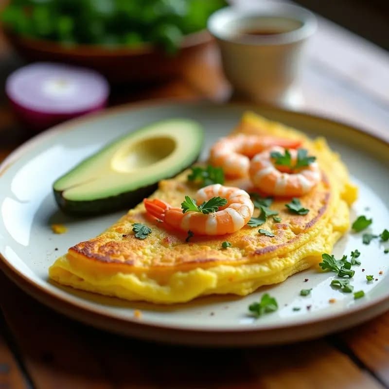 Tortilla dorada y esponjosa de camarones y culantro servida en plato blanco rústico, con trozos de camarón visibles y culantro fresco espolvoreado encima. Receta peruana de desayuno alta en proteína.
