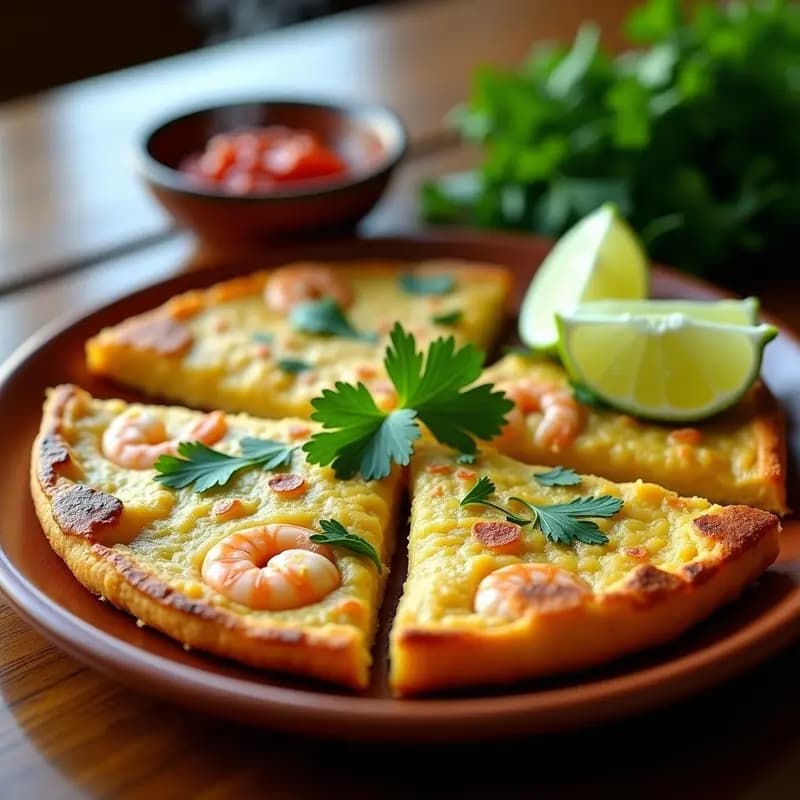 Tortilla de camarones y culantro costarricense dorada y esponjosa, cortada en porciones, con hojas de culantro fresco como decoración y rodajas de limón al lado, servida en plato de barro rústico.