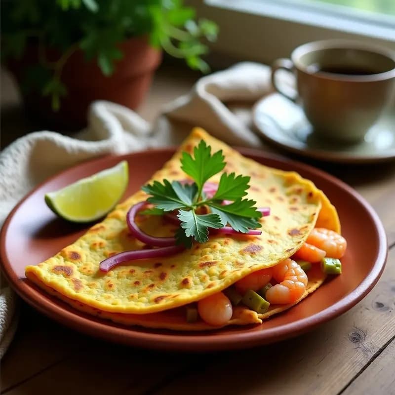 Tortilla dorada y crujiente de camarones y cúrcuma servida en plato de barro, con trozos de camarón visibles, cilantro fresco y rodaja de limón al lado. Desayuno mexicano antiinflamatorio y alto en proteínas.
