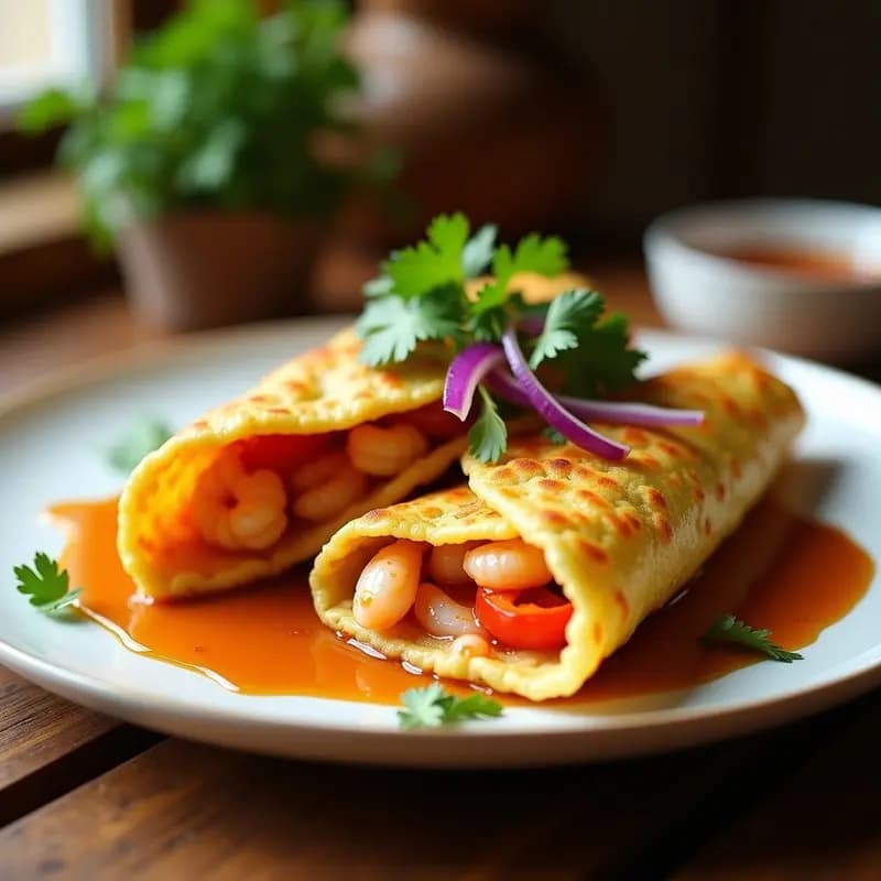 Tortilla de camarones y cúrcuma dorada en wok, con trozos de camarón, cebolla morada y pimiento rojo, decorada con cebollino fresco y salsa de soja dulce brillante.