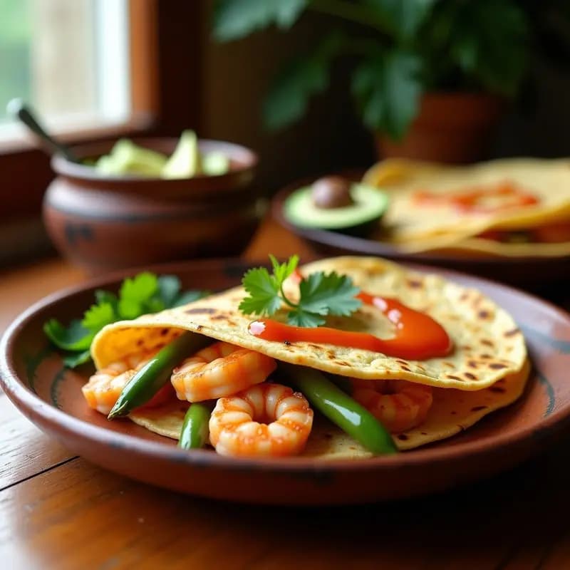 Tortilla dorada rellena de camarones rosados y ejotes verdes, bañada con salsa naranja brillante de chile habanero, decorada con hojas de cilantro fresco sobre un plato de barro rústico. Desayuno mexicano alto en proteína.