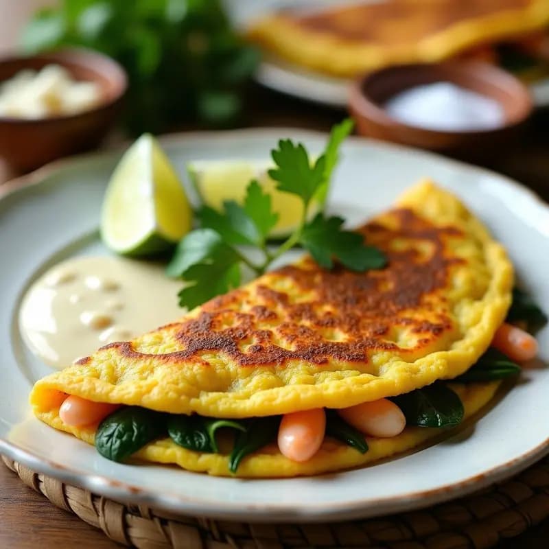 Tortilla dorada y esponjosa de camarones y espinacas con salsa de ajo, servida en plato blanco rústico con decoración de cilantro fresco y rodajas de limón verde, típica receta colombiana costera.