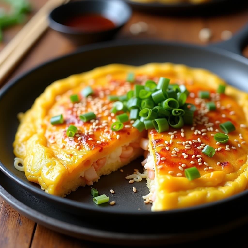 Tortilla dorada y esponjosa de camarones y fideos de arroz en sartén antiadherente, con semillas de ajonjolí y cebollino fresco. Plato típico chino rápido y nutritivo.
