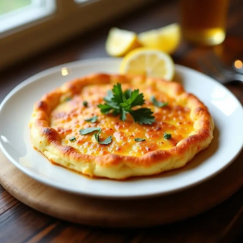 Tortilla de camarones gaditana dorada y esponjosa, servida en plato blanco con rodajas de limón y perejil fresco, receta tradicional andaluza para aperitivos o cenas ligeras.