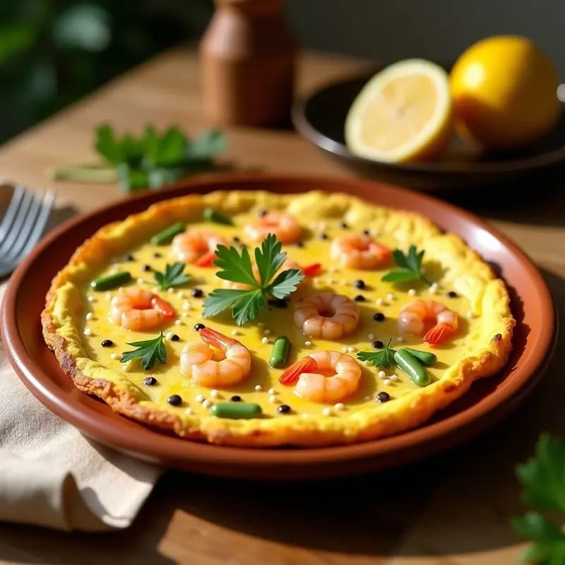 Tortilla dorada y esponjosa de camarones y habas tiernas servida en plato rústico de barro, con trozos de camarón visibles y habas verdes. Acompañada de perejil fresco y rodajas de limón al fondo. Receta de aperitivo costero sin gluten.