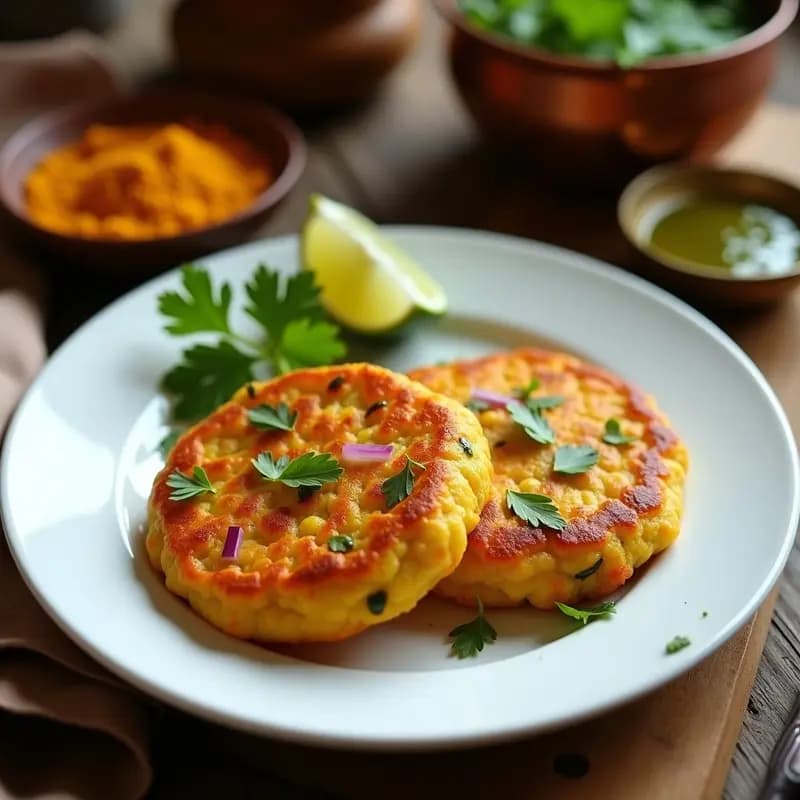 Tortilla dorada y esponjosa de harina de garbanzo con trozos de camarones rosados y especias visibles, decorada con hojas de cilantro fresco sobre un plato de cerámica blanca con salsa de yogur al lado.