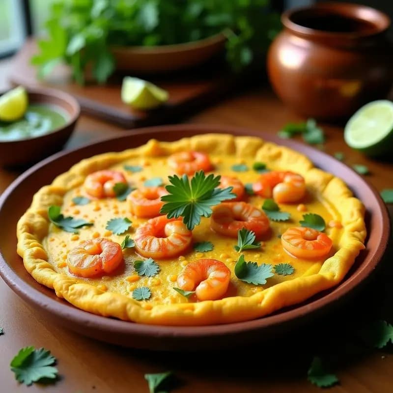 Tortilla dorada de camarones con harina de garbanzo de Andra Pradesh, servida en plato de barro con hojas de cilantro fresco y rodajas de limón al lado.