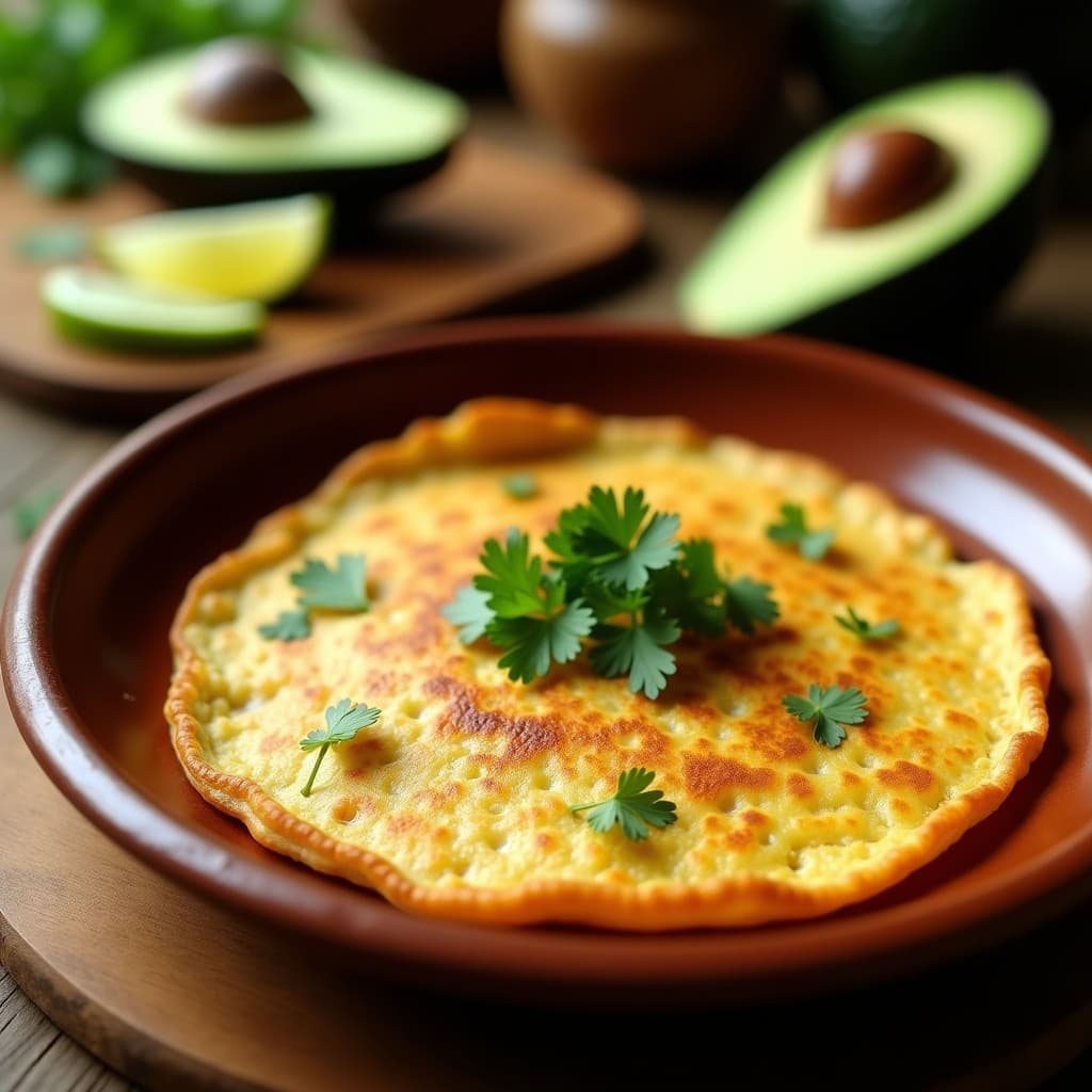 Tortilla dorada y esponjosa de camarones secos y harina de plátano macho, servida en plato rústico de barro con rodajas de aguacate y cilantro fresco. Receta tradicional costeña colombiana sin gluten.
