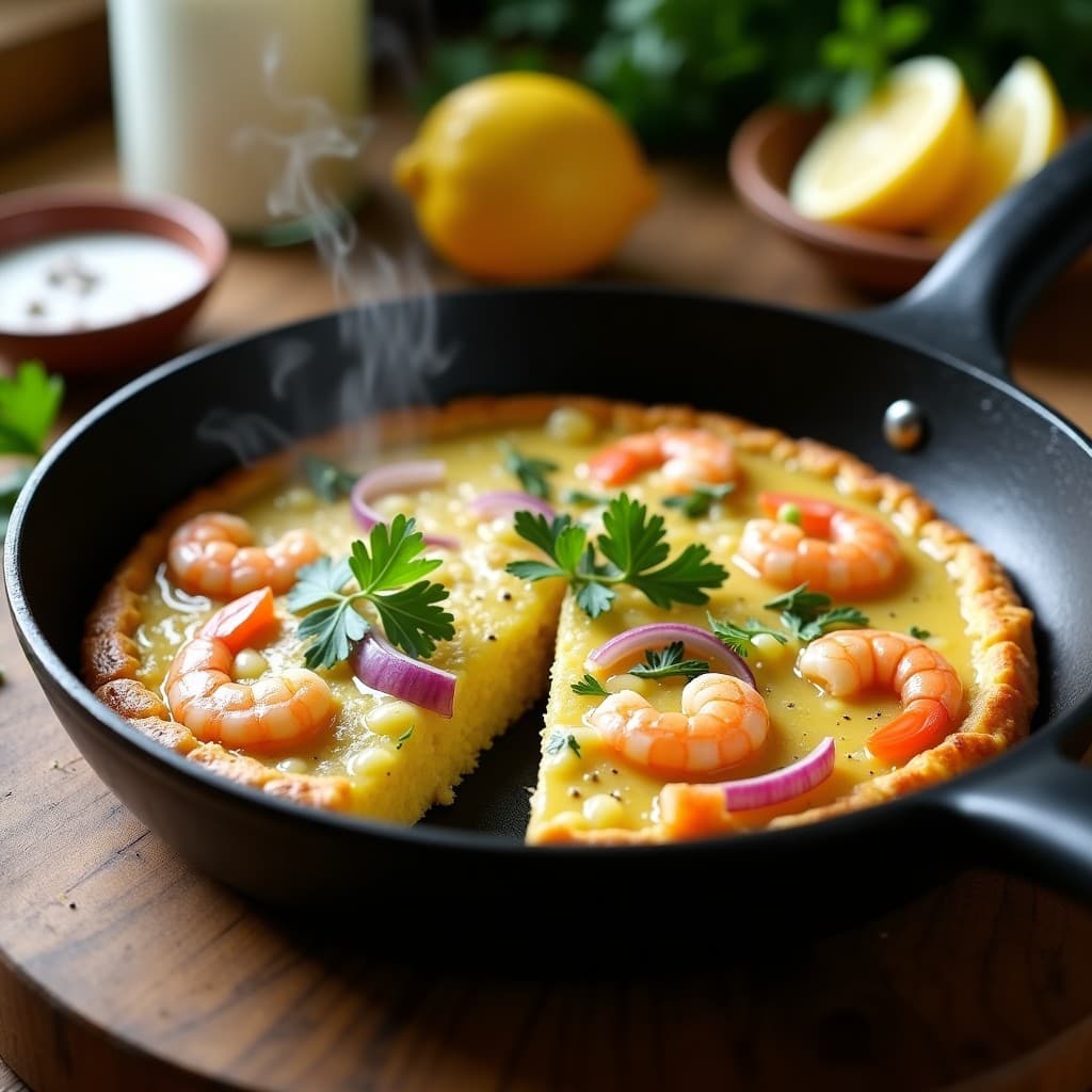 Tortilla española esponjosa y dorada con camarones rosados y trozos de hinojo, decorada con perejil fresco, servida en plato blanco sobre fondo rústico de madera, receta baja en calorías.
