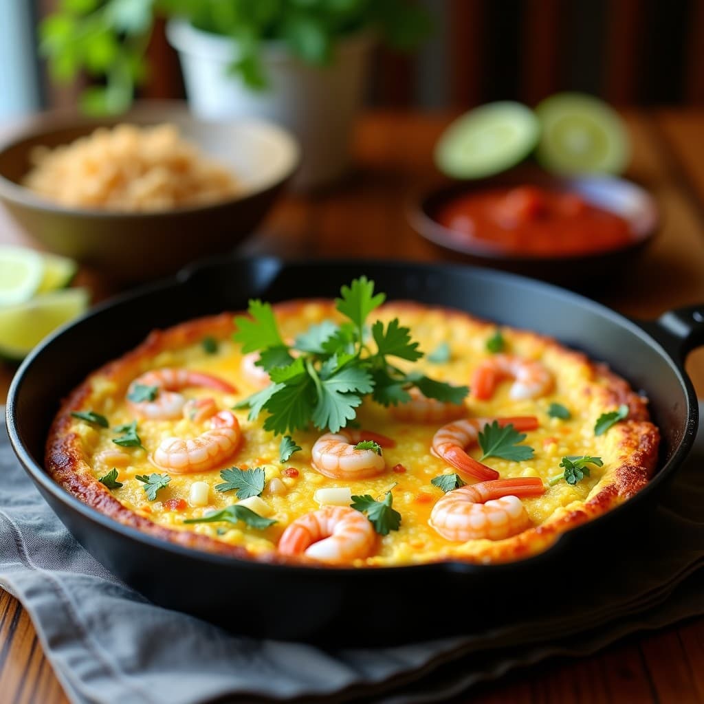 Tortilla esponjosa de camarones y hinojo en sartén de hierro, con trozos de camarones rosados y hinojo verde brillante, decorada con cilantro fresco y hojas de hinojo, receta costera mexicana rápida.