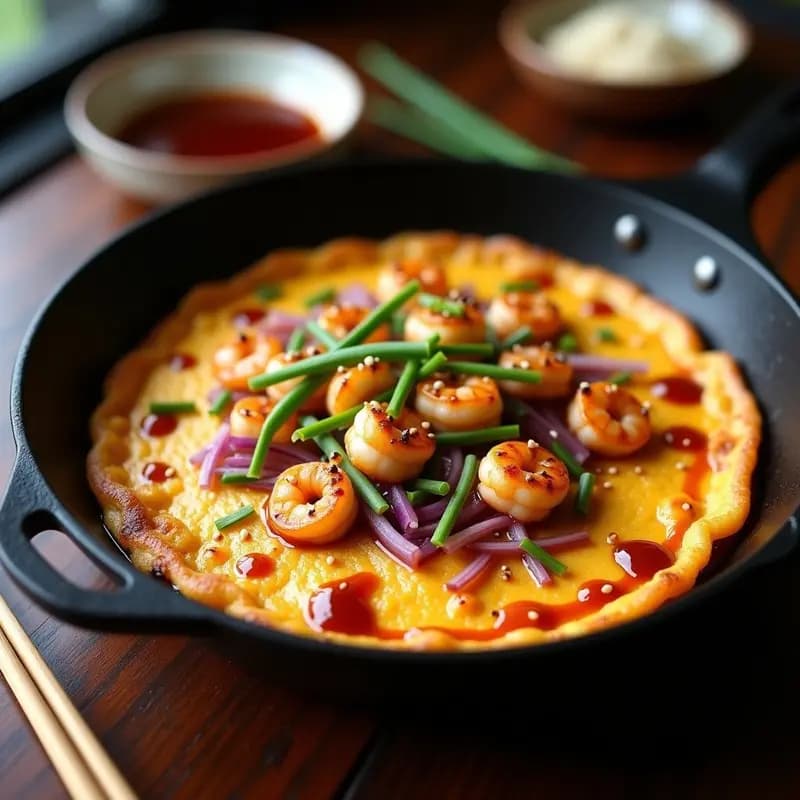 Tortilla dorada y crujiente rellena de camarones salteados y cebolla morada en juliana, bañada con salsa hoisin brillante y decorada con cebollino fresco. Plato típico chino con textura perfecta y colores vibrantes.