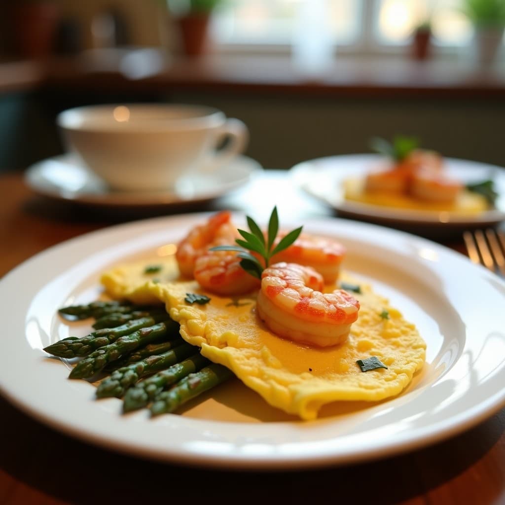 Tortilla española dorada y esponjosa con trozos de camarones de mar y espárragos trigueros verdes, servida en plato blanco rústico con rodaja de limón y perejil fresco. Receta de tortilla de camarones de mar y espárragos con toque marina.