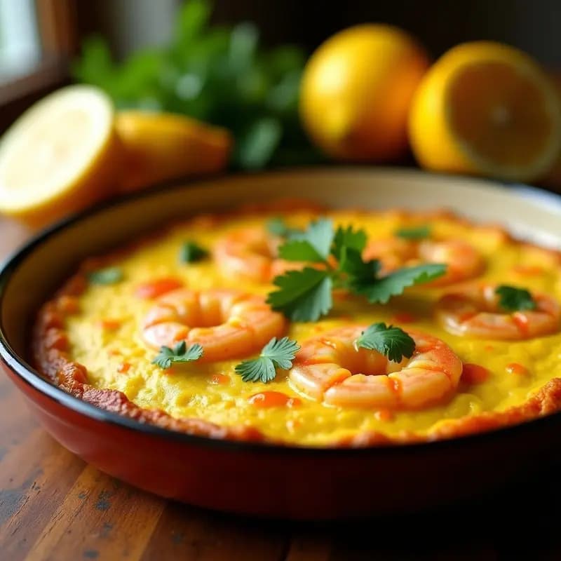 Tortilla de camarones peruanos con ají amarillo horneada, dorada y esponjosa, decorada con hojas de cilantro fresco sobre un plato de cerámica blanca, acompañada de rodajas de limón amarillo.