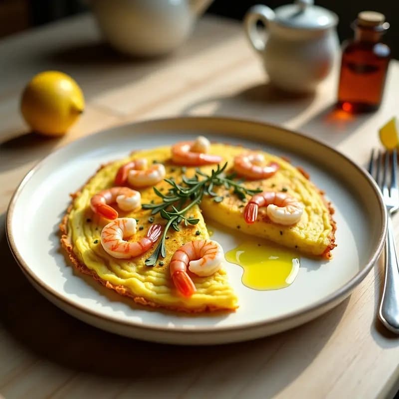 Tortilla dorada y esponjosa con camarones salteados y hierbas provenzales, servida en plato blanco rústico con toques de limón y aceite de oliva, receta francesa gourmet.