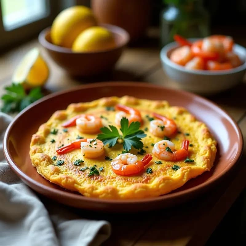 Tortilla de camarones andaluza dorada en sartén antiadherente, con trozos de camarón visibles y perejil fresco espolvoreado por encima, servida en plato rústico de barro.