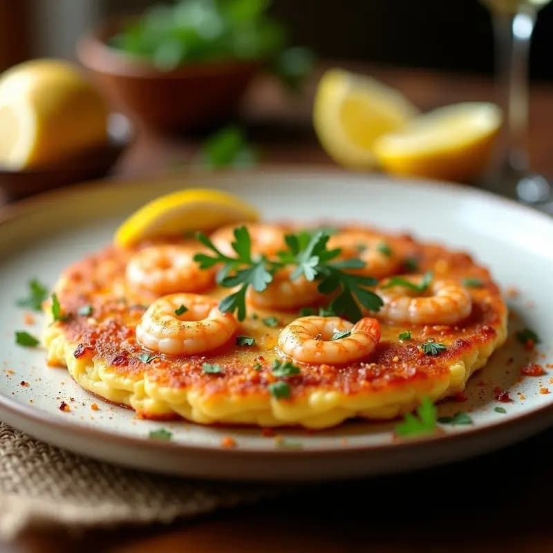 Tortilla de camarones gaditana dorada y crujiente servida en plato blanco rústico, acompañada de rodajas de limón y perejil fresco, receta tradicional costera.