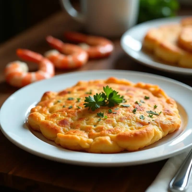 Tortilla de camarones dorada y esponjosa servida en plato blanco, con trozos de camarón visibles y perejil fresco espolvoreado. Receta tradicional de Huelva para amantes del marisco.