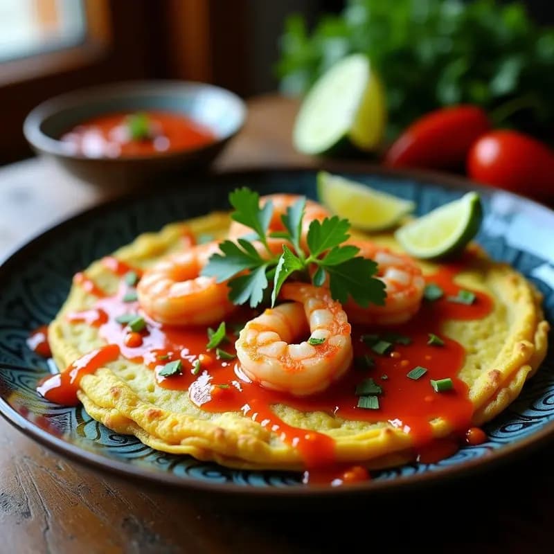 Tortilla dorada y esponjosa rellena de camarones jugosos, bañada en una salsa de ajo y guindilla tailandesa de color rojizo brillante, servida en plato de cerámica con hierbas frescas y rodajas de lima al lado.