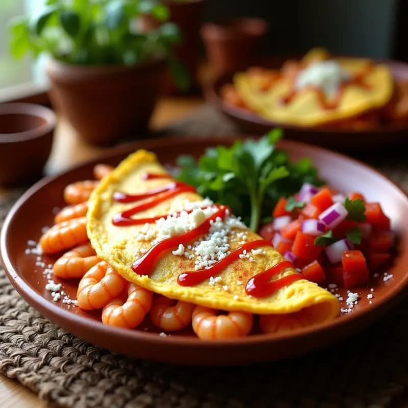 Tortilla dorada rellena de camarones jugosos, bañada en salsa de chili brillante y acompañada de pico de gallo fresco con jitomate, cebolla morada y cilantro, servida en plato de barro mexicano.