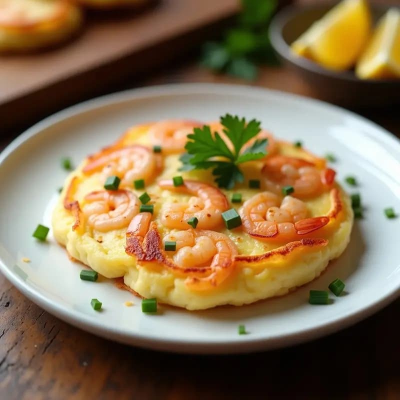 Tortilla de camarones Sanlúcar dorada y esponjosa, con trozos de camarones visibles, perejil fresco espolvoreado y un toque crujiente, servida en plato blanco sobre fondo rústico de madera.