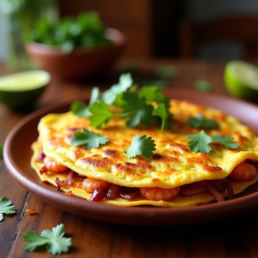 Tortilla mexicana dorada doblada en media luna, rellena de camarones secos picados y cebolla morada caramelizada, con cilantro fresco espolvoreado y una rodaja de limón al lado sobre un plato de barro rústico.
