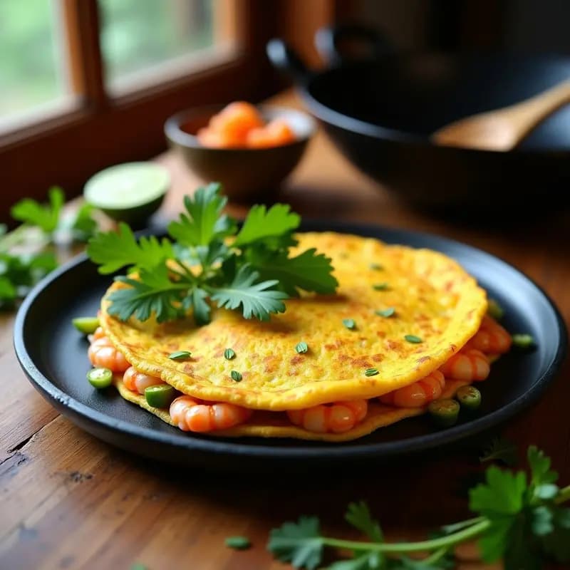 Tortilla dorada y jugosa de camarones thai con cúrcuma y cilantro, servida en plato blanco con rodajas de limón y hojas de cilantro fresco, fondo de wok humeante.