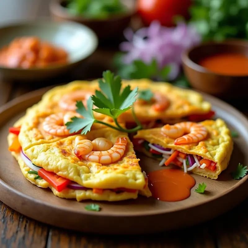 Tortilla dorada y esponjosa rellena de camarones rosados, pimiento rojo, cebolla morada y brotes de soja, servida en un plato blanco con salsa de chili dulce y hojas de cilantro fresco.