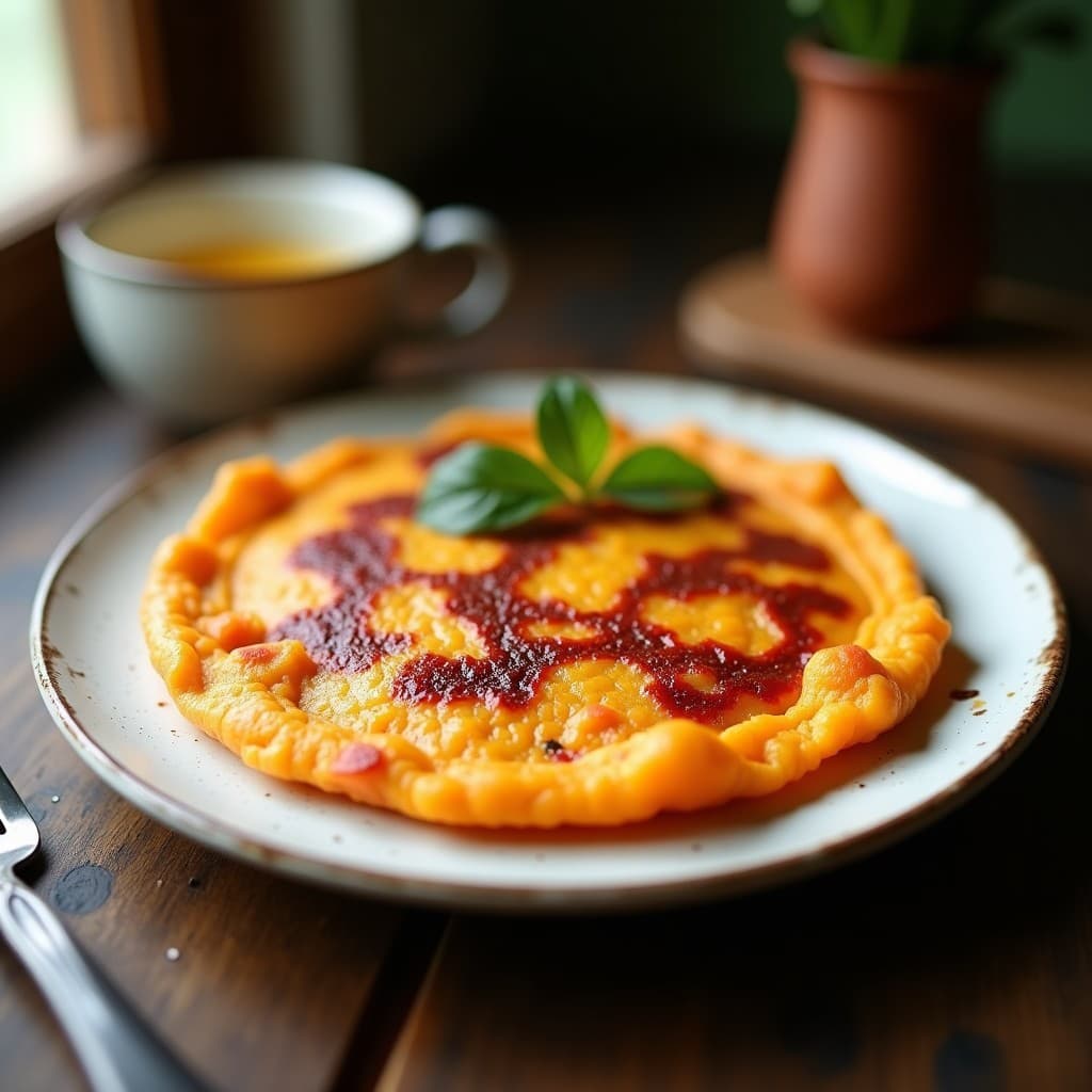 Tortilla dorada de camote y algas dulse en airfryer, con textura esponjosa y trozos visibles de camote naranja y algas. Servida en plato blanco rústico con fondo de madera oscura.