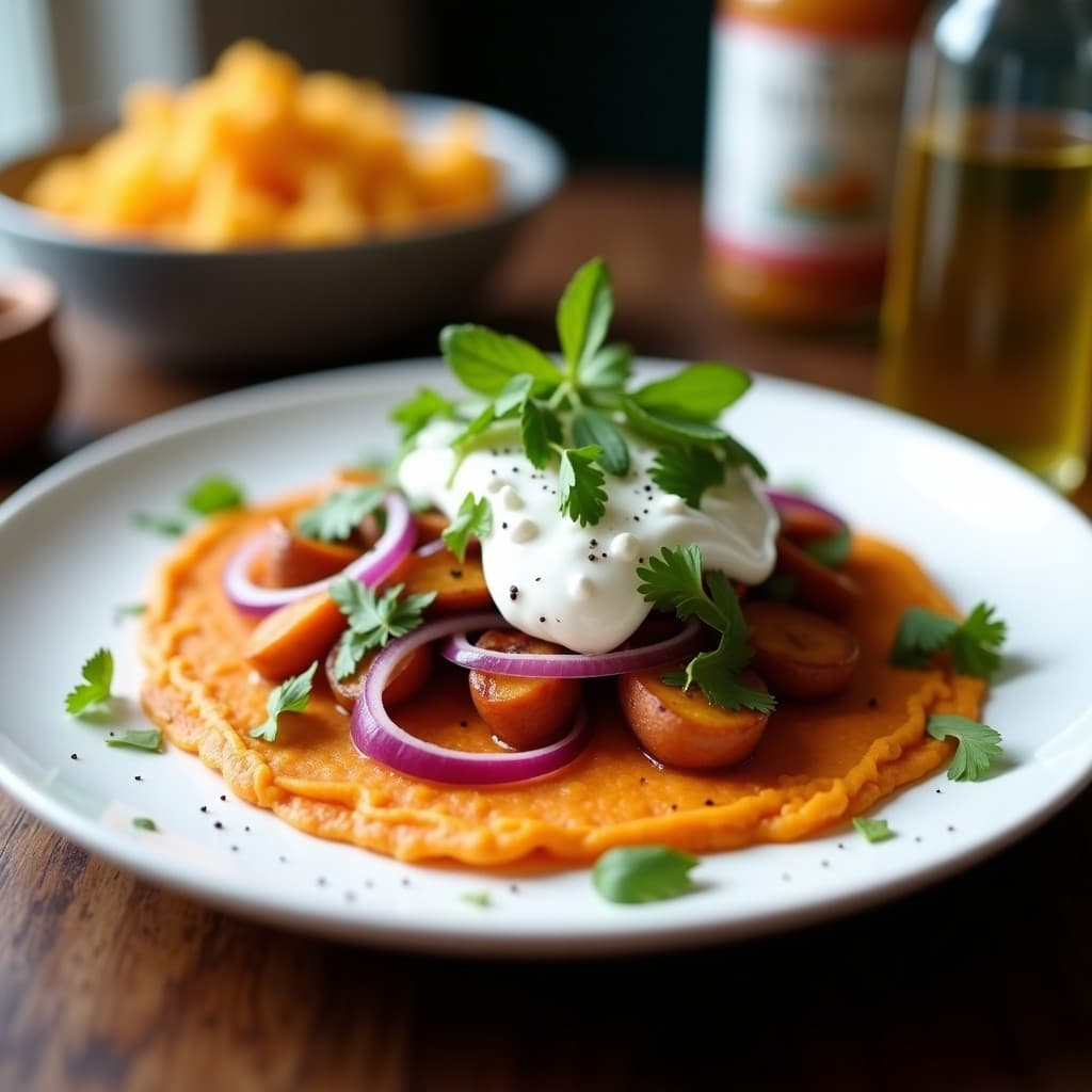 Tortilla dorada de camote y ebolla morada servida en plato blanco con salsa cremosa de yogur de coco espolvoreada con semillas de chía y cilantro fresco, desayuno vegano y sin gluten.