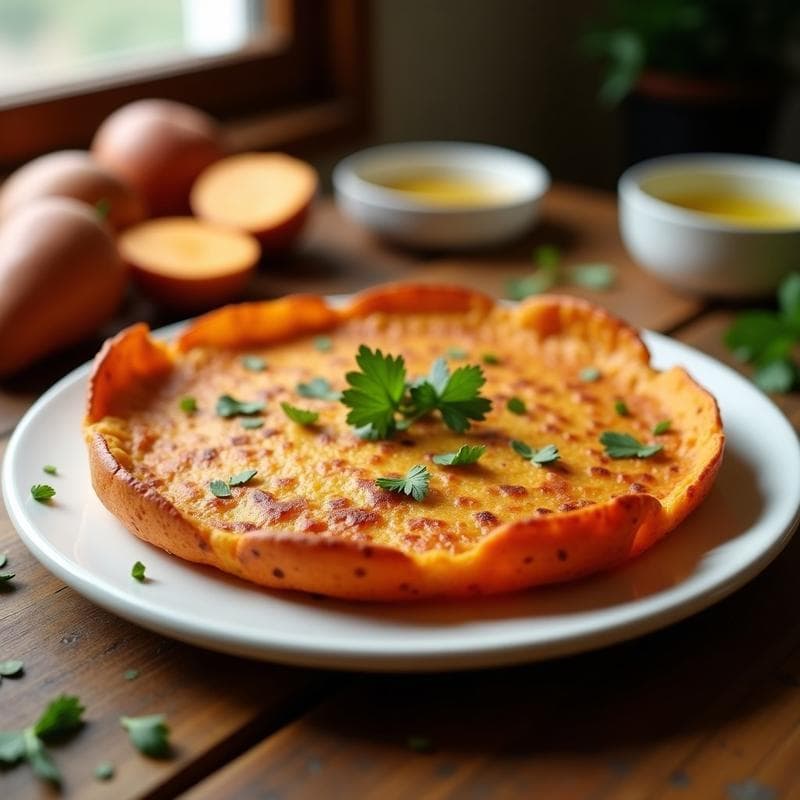 Tortilla dorada de camote y chorizo de tempeh keto vegana sin voltear, servida en plato blanco con perejil fresco, fondo rústico de madera.