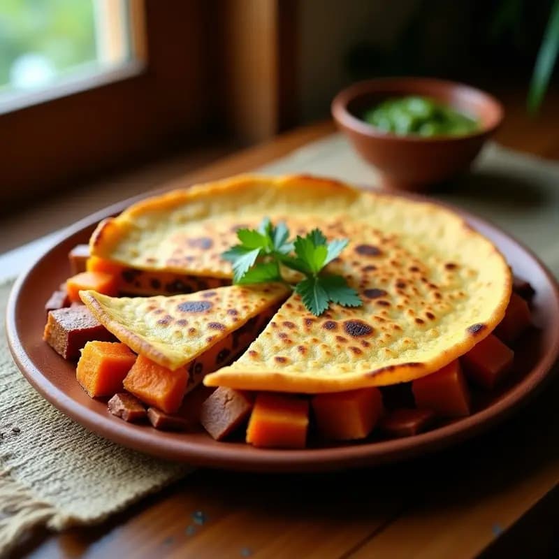 Tortilla dorada y esponjosa de camote morado y chorizo de tofu, cortada en porciones, con trozos visibles de camote asado y hierbas frescas, servida en plato de barro rústico. Receta mexicana alta en proteína.