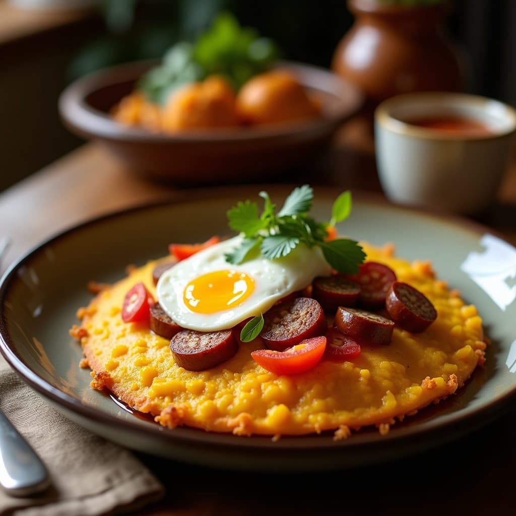 Tortilla dorada de camote morado y chorizo de tofu keto en sartén antiadherente, decorada con cilantro fresco y anacardos picados, servida sobre un plato de barro rústico.