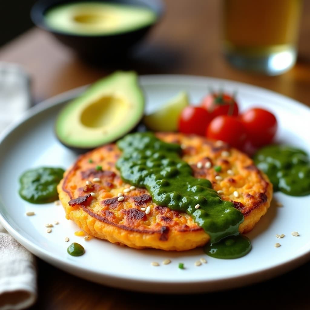 Tortilla dorada de camote y chorizo vegano servida en plato blanco con chimichurri verde brillante por encima, acompañada de rodajas de aguacate y tomate cherry. Receta argentina en airfryer sin lactosa.
