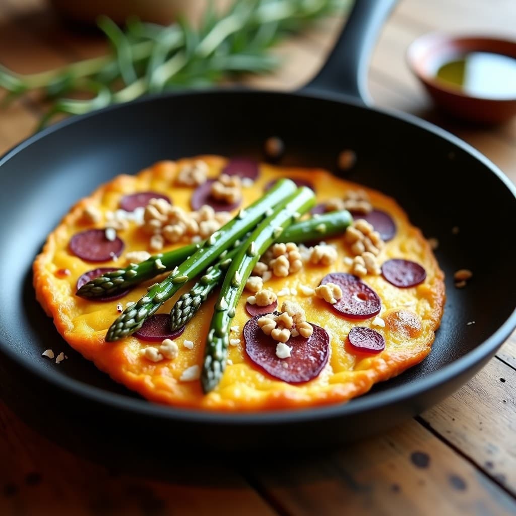Tortilla dorada y esponjosa de camote morado y espárragos trigueros en sartén antiadherente, bañada con aceite de trufa negra, acompañada de nueces picadas y virutas de parmesano. Plato keto gourmet con textura cremosa y aromas intensos.