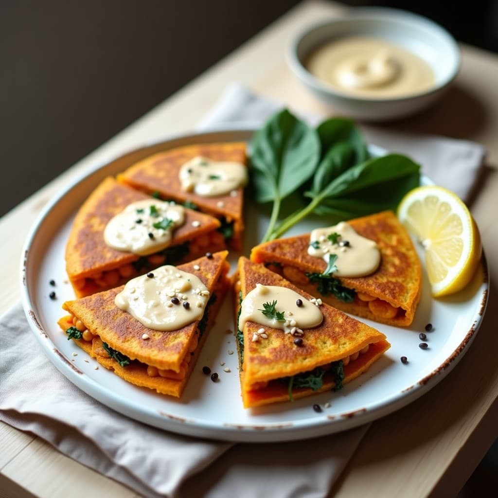 Tortilla dorada de camote y espinacas cortada en cuñas sobre un plato de cerámica blanca, bañada con aderezo de tahini cremoso y espolvoreada con semillas de sésamo tostadas. Acompañada de rodajas de limón y hojas de espinaca fresca. Desayuno vegano y energético.