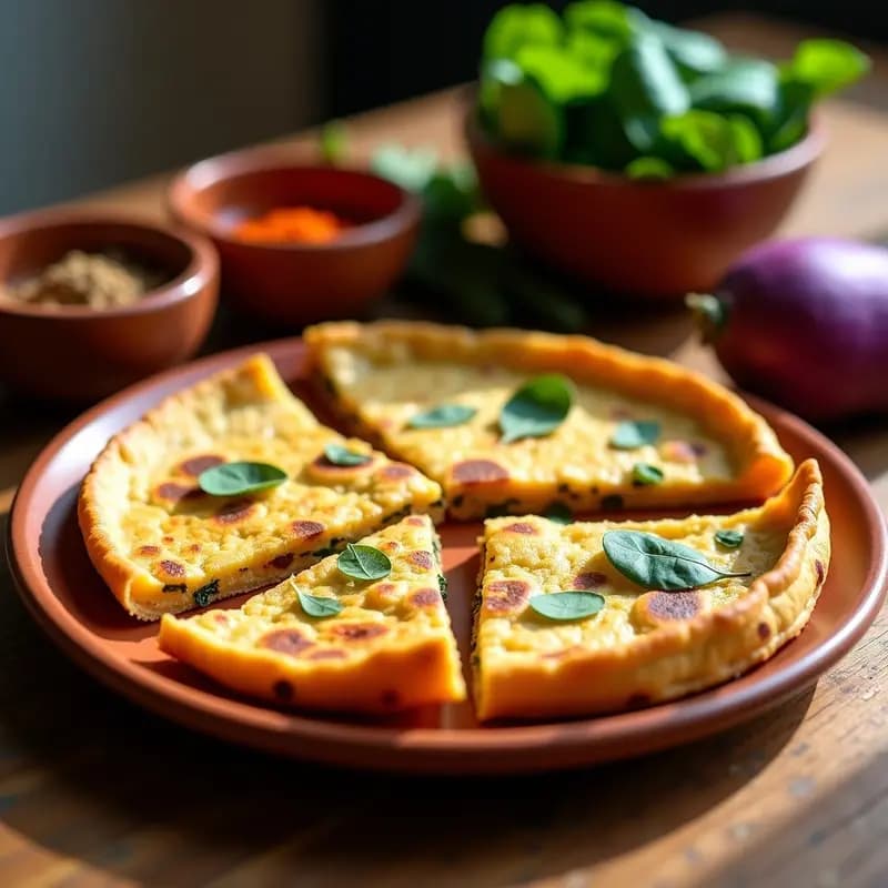 Tortilla de camote morado y espinacas horneada, con bordes dorados y textura esponjosa, servida en un plato de barro rústico sobre una mesa de madera con especias mexicanas al fondo.