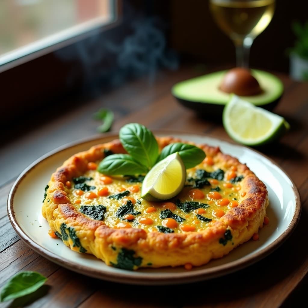 Tortilla vegana dorada de camote y espinacas con toques ahumados, servida en plato blanco rústico, acompañada de rodajas de aguacate y limón. Receta en sartén antiadherente.