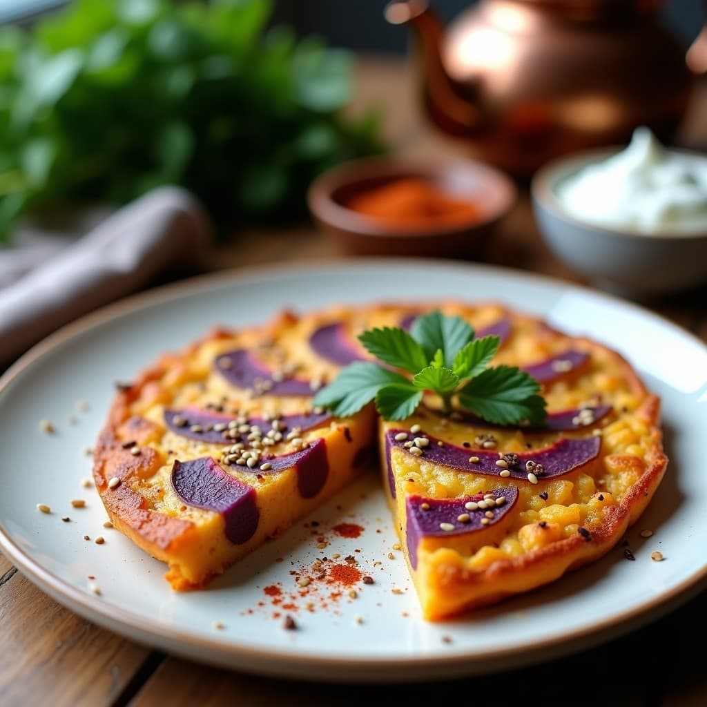 Tortilla dorada y esponjosa de camote morado con vetas violetas, espolvoreada con cilicia de Alepo y semillas de sésamo, servida en plato de cerámica blanca con perejil fresco. Desayuno turco sin gluten.