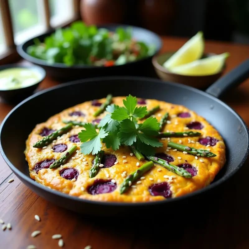 Tortilla vegana de camote morado y espárragos verdes en sartén antiadherente, con semillas de sésamo tostadas y cilantro fresco. Plato colorido y saludable, típico de la cocina mexicana.
