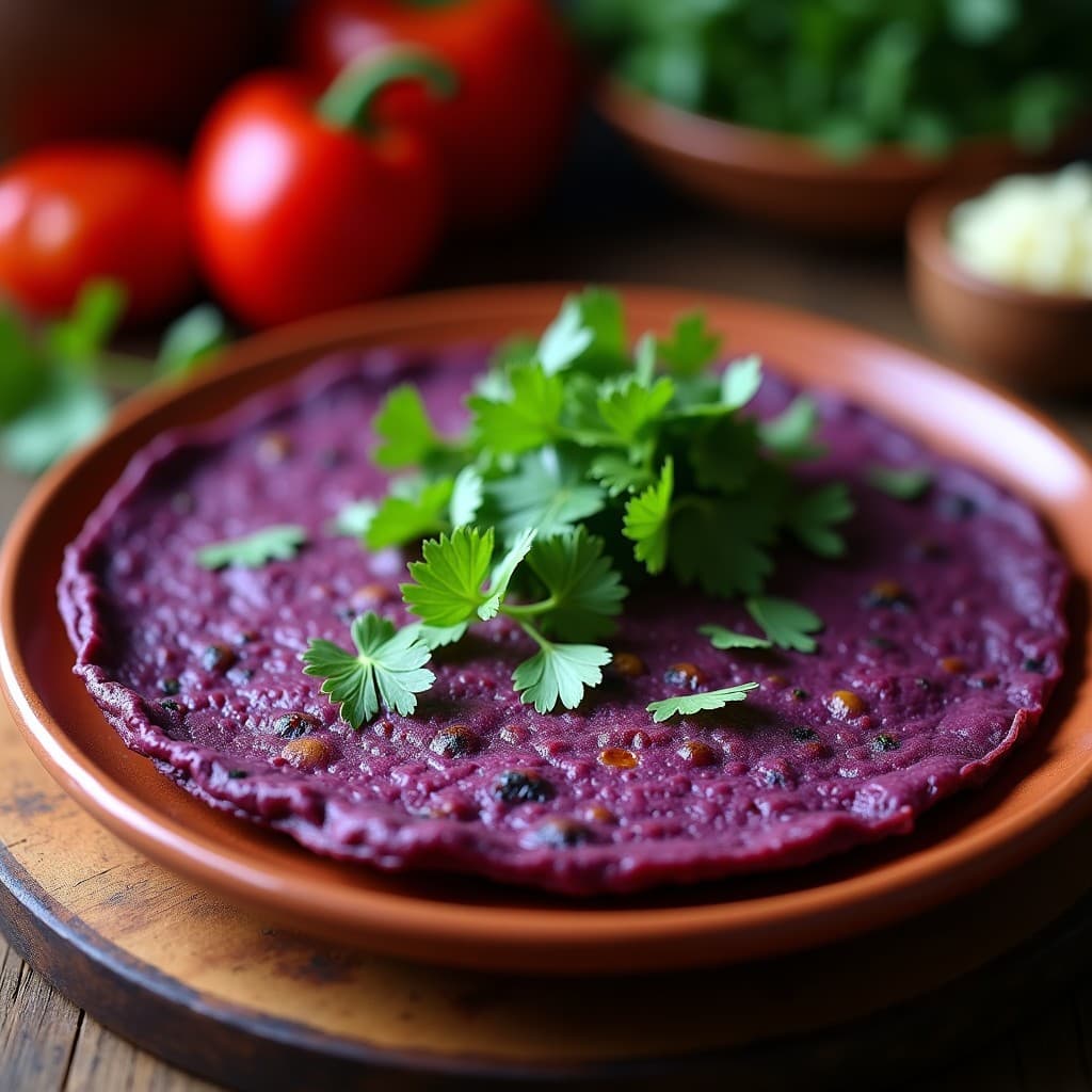 Tortilla de camote morado y espirulina servida en plato de barro, con vibrante color morado intenso y toques verdes de cilantro fresco, receta mexicana alta en antioxidantes.