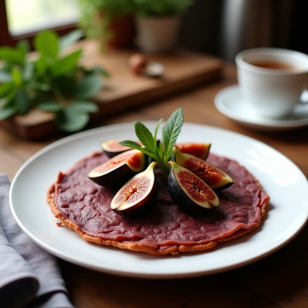 Tortilla dorada de camote morado con trozos de higos caramelizados brillantes, servida en plato blanco sobre fondo rústico de madera. Desayuno sin gluten con contraste de colores morados y dorados.