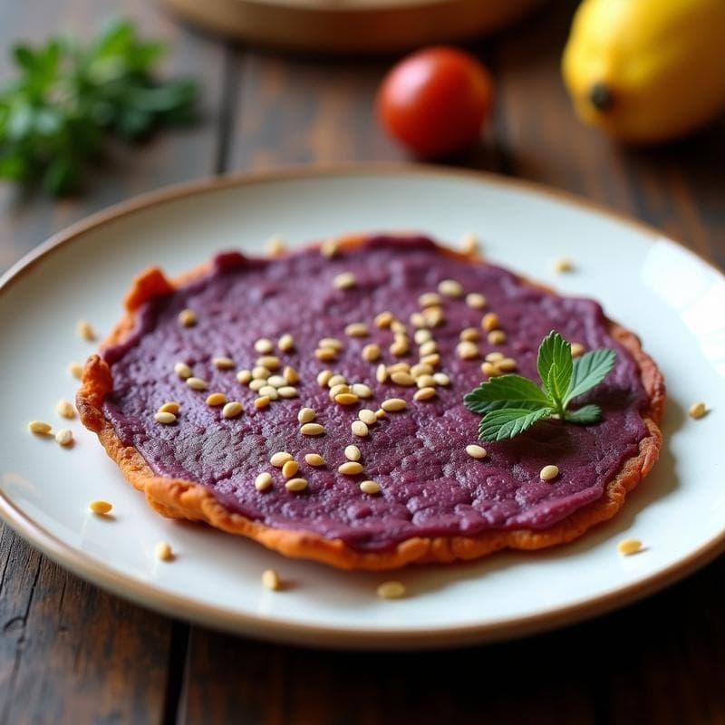 Tortilla dorada de camote morado yebra de Lima en airfryer, con semillas de sésamo y rodajas finas visibles, servida en plato blanco sobre fondo rústico de madera. Receta de desayuno peruano sin harina.