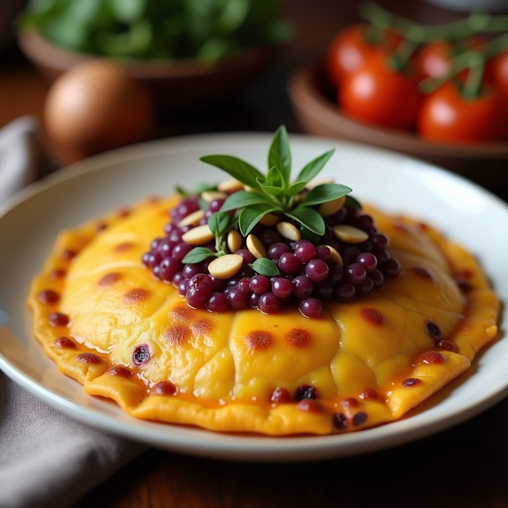 Tortilla esponjosa de color morado intenso con semillas de chía visibles, cortada en porciones y servida en plato blanco rústico, acompañada de hojas de espinaca fresca. Desayuno sin harina y rico en omega-3.