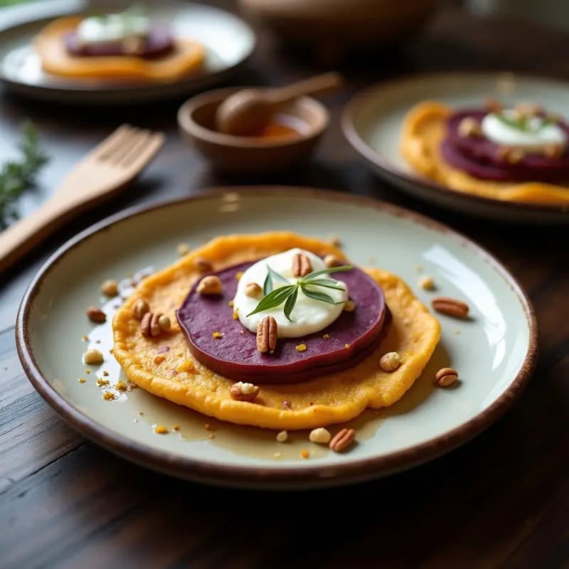 Tortilla dorada de camote morado y queso de cabra francesa, con trozos de nuez pecana, servida en plato rústico de barro con fondo de madera oscura y hierbas frescas.