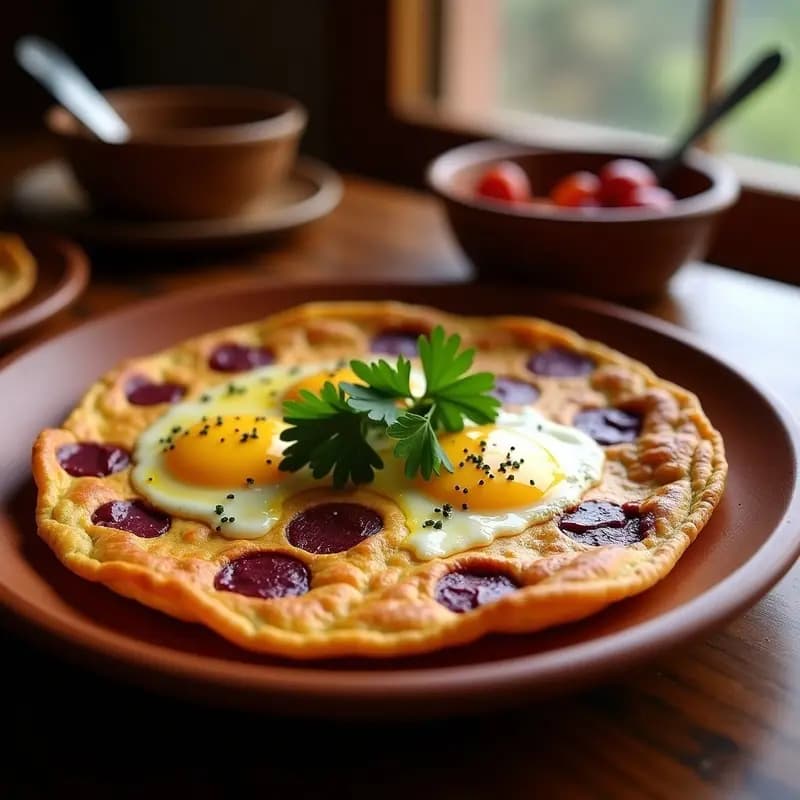 Tortilla dorada de camotes morados y chorizo ahumado servida en plato de barro, con perejil fresco espolvoreado y fondo rústico.